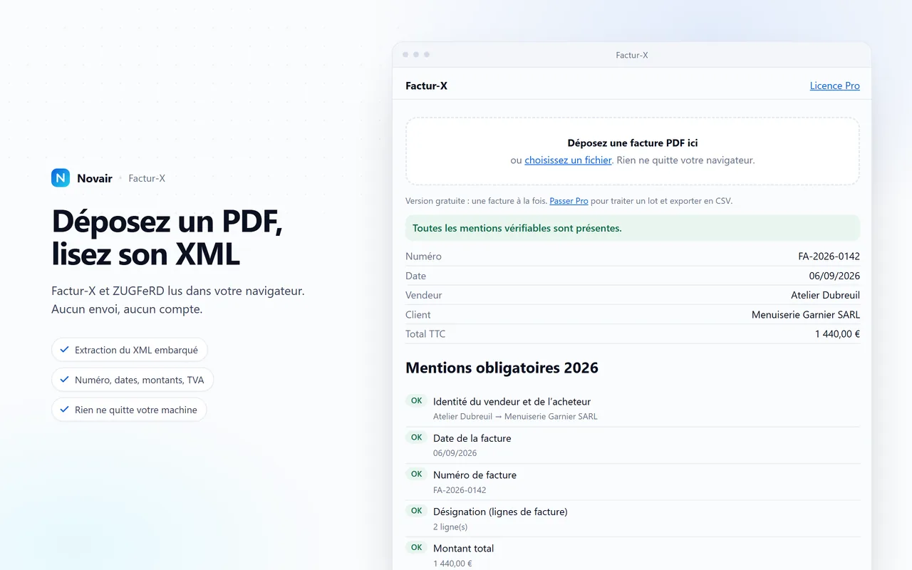 L’extension Factur-X ouverte sur une facture PDF : numéro, date, vendeur, client et total extraits du XML embarqué, mentions obligatoires 2026 toutes vertes.
